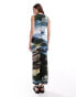 Фото #2 товара ASOS DESIGN built up mesh maxi dress with lettuce edging in landscape print