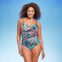Фото #1 товара Women's UPF 50 Shirred V-Neck One Piece Swimsuit - Aqua Green Multi Tropical