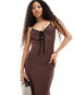 ASOS DESIGN Petite linen slip dress with contrast binding in chocolate