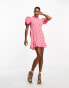 ASOS DESIGN Petite pie crust neck puff sleeve mini tea dress in pink ditsy print