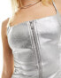 Фото #4 товара Bershka faux leather zip front midi dress in metallic silver