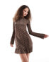 Фото #3 товара Monki long sleeve mini dress with open back in brown snake print