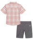 ფოტო #2 პროდუქტის Little Boys Plaid Slub Button-Up Short Sleeve Shirt and Twill Shorts, 2 Piece Set