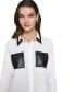 ფოტო #4 პროდუქტის Women's Faux-Leather-Trim Button-Front Top