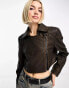 Stradivarius STR faux leather cropped biker jacket in washed brown Коричневый, S - фото #1