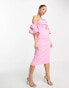 Фото #8 товара ASOS DESIGN Petite bardot puff sleeve midi dress with floral sequin embellishment in pink