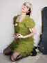 Фото #1 товара Labelrail x Julia Cumming babydoll ruffle tiered mini dress in khaki green