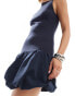 Glamorous knit high neck mini dress with bubble hem in navy Синий, 36 - фото #4