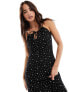 Miss Selfridge tie front bias cut maxi slip sundress in black bow polka dot