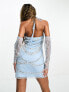 Starlet halterneck mini dress with pearl and diamante embellishment in baby blue