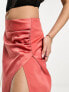 In The Style exclusive satin wrap side split midi skirt in rust