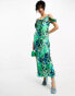 River Island cowl neck drape sleeve satin midi dress in green animal print Разноцветный, 36 - фото #1