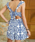 Women's Blue & White Ornate Square Neck Flutter Sleeve Romper