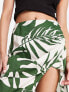 Фото #3 товара ASOS DESIGN natural slub ruched side midi skirt in green tropical print