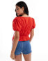 ASOS DESIGN tie side ruched top with puff sleeves in red