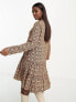Фото #3 товара Urban Revivo long sleeve mini smock dress in brown floral print
