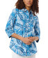 Фото #2 товара Petite Linen Leaf-Print 3/4-Sleeve Button Front Shirt