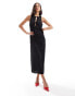 Vila satin tie neck sleeveless midi dress in black