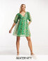 Фото #1 товара Wednesday's Girl Maternity puff sleeve mini smock dress in green patchwork