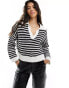 Abercrombie & Fitch open knit jumper with v-neck collar in black stripe Черный, S - фото #2