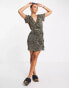 ASOS DESIGN plisse short sleeve ruffle wrap mini dress in brown leopard print