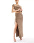 Kaiia slinky ruched thigh split maxi skirt co-ord in light brown