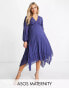 ASOS DESIGN Maternity v front trim detail pleated dobby midi dress in navy