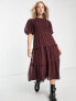 Wednesday's Girl puff sleeve tiered midi dress in plum brown