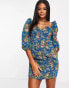 ASOS DESIGN tapestry corset mini dress with long sleeves in blue floral 34 - фото #6