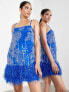 Фото #1 товара ASOS EDITION floral sequin and bead mini dress with faux feather hem in bright blue