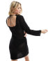 New Look crochet long sleeve mini beach dress in black