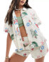 ASOS DESIGN linen look co-ord boxy beach shirt in postcard print