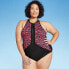 Women's Plus Size Zip-Up Racerback One Piece Swimsuit - Aqua Green Pink 22W