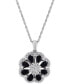 ფოტო #1 პროდუქტის Onyx & Diamond (1/20 ct. t.w.) Floral Disc 18" Pendant Necklace in Sterling Silver