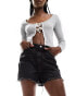 Pieces frayed bottom denim shorts in washed black