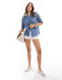 Vila open knit crochet shirt in blue