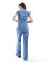 ASOS DESIGN sleeveless linen mix jumpsuit with waisted belt in blue