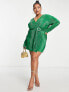 Фото #2 товара ASOS DESIGN Curve plisse wrap mini dress with tortoise shell trim in green