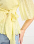 ASOS DESIGN Petite dobby wrap short sleeve blouse with pleated peplum hem in lemon