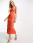 ASOS DESIGN bandeau mesh ruched midi dress with satin insert in orange