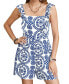 ფოტო #1 პროდუქტის Women's Blue & White Ornate Square Neck Flutter Sleeve Romper