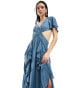 Фото #3 товара ASOS DESIGN satin ruffle flutter sleeve maxi dress with cut out waist in blue