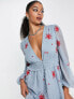 ASOS DESIGN Tall shirred waist button through midi tea dress with all over embroidery in dusty blue