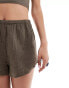 Monki waffle texture pull on shorts in khaki