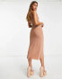 In The Style exclusive ruched one shoulder asymmetric drape midi dress in light brown