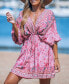 Фото #4 товара Women's Pink Floral Plunging Blouson Sleeve Mini Beach Dress