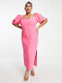 Фото #4 товара ASOS DESIGN Curve puff sleeve midi dress with asym neck line in hot pink