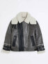 River Island crackle faux shearling aviator jacket in grey Серый, XL - фото #7