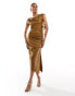 & Other Stories slinky midi dress with ruche detail and thigh split in brown