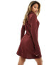 ASOS DESIGN textured long sleeve mini dress with button front and collar in burgundy